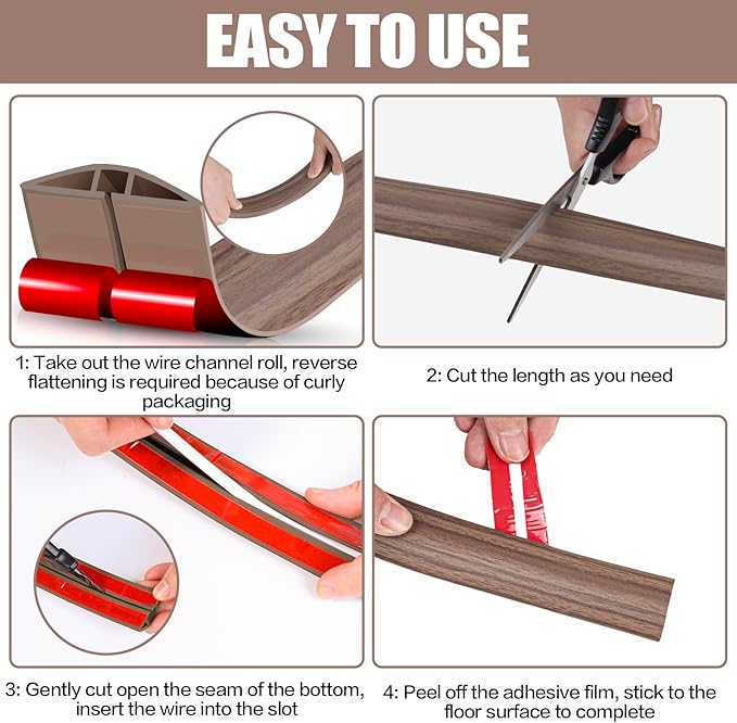 Floor Cord Cover Self Adhesive Cord Hider,20FT Cable Management, Extension Strip Protector for Wires, Prevent Cable Trips for Offices, Gyms, Exhibitions Cavity:0.39"(W) x 0.27"(H) Wood Walnut