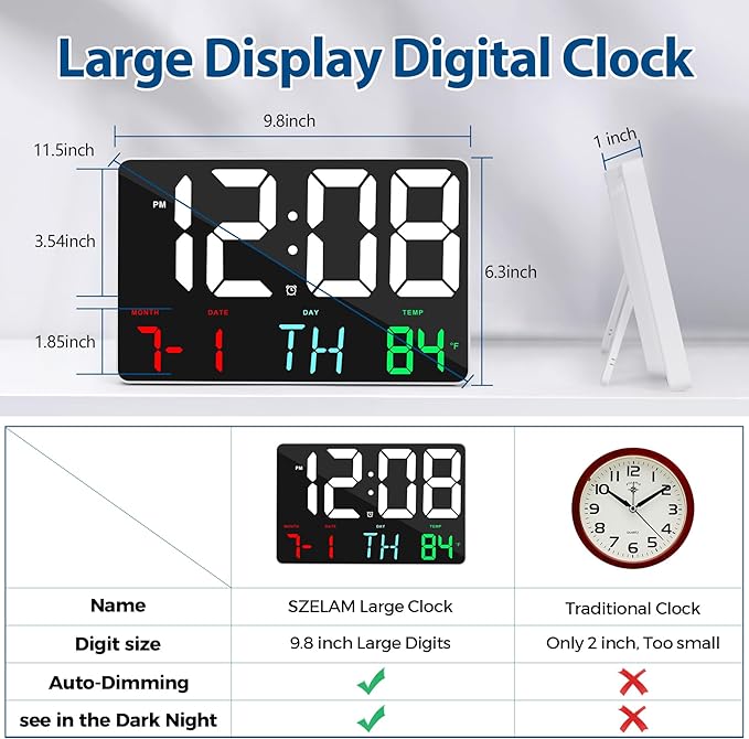 SZELAM Digital Clock Large Display,11.5"Digital Wall Alarm Clock with Remote Control,LED Oversized Electric Clock with Calendar,12/24H,Adjustable Brightness Large Clock for Home Office Kitchen Bedroom