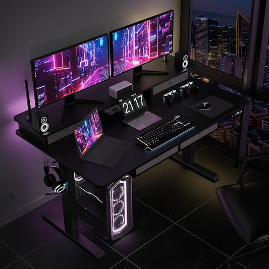 Electric Standing Widened Desk 63 * 30 Inches Adjustable Height with 4 Drawers, Double Storage Shelves Stand Up Desk, Home Office Workstation Sit Stand up Desk (Classical Black)