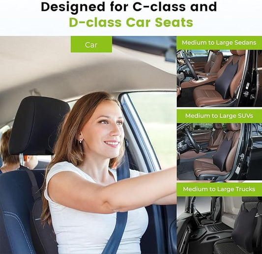 Lumbar Support Pillow for Car - Back Support for Medium to Large Vehicles - Soft Memory Foam Car Seat Cushion for Back Pain Relief - Dual Adjustable Straps Securely Fixed Car Lumbar Support -Black