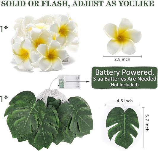 RECUTMS Monstera Leaf String Lights Artificial Foam Plumeria Tropical Palm Leaves Flower 40 LED Battery Operated Fairy Light Hawaiian Luau Beach Party Summer Decorations Outdoor Indoor(White+Green)