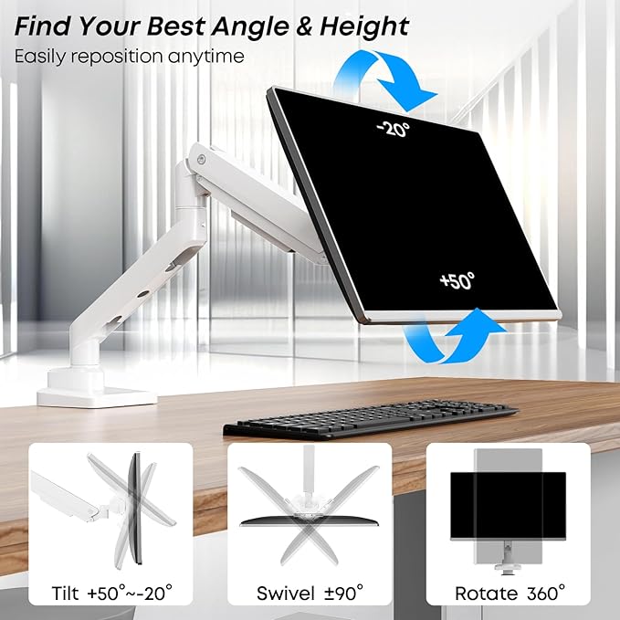 Premium Heavy Duty Monitor Arm for 17 to 49 inch Screens up to 44lbs, Fully Adjustable Ultrawide Single Clamp-on Desk Mount Stand, VESA 75x75/100x100mm (White)