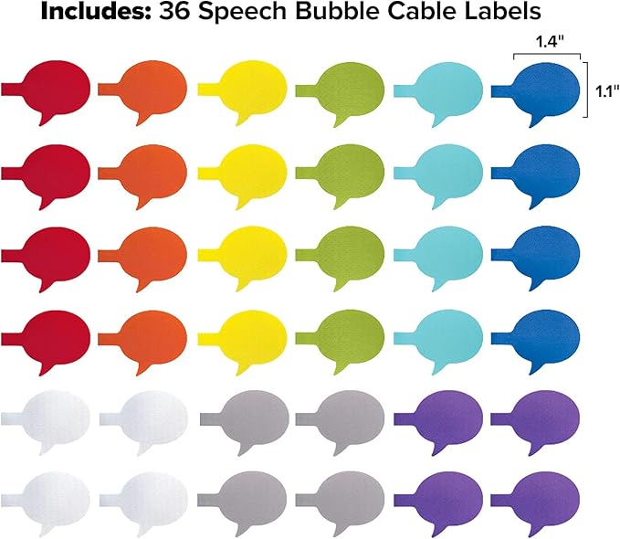 Wrap-It Multi-Color (36-Pack) Storage Cable Labels - Speech Bubbles, Wire Tags for Cable Management and Organizer