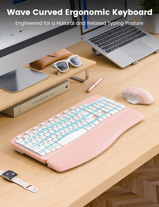 SABLUTE Wireless Keyboard and Mouse Combo, Ergonomic Wave Keys, Cushioned Plam Rest, Comfortable Silent Natural Typing, 2.4G Lag-Free, Full Size Keyboards Cordless Set for Multi-OS, Windows/Mac, Pink