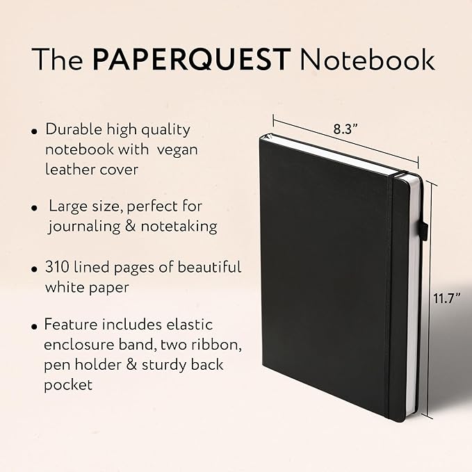 A4 Hardback Notebook, Vegan Leather Journal Lined, 310 Pages, 100GSM Thick Paper, Lay flat Notebook for Women, Men, Writing, Office, Work, Study, College Ruled Notebook with Pocket,