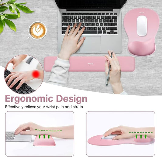 MOSISO Wrist Rest Support for Mouse Pad&Keyboard Set, Ergonomic Mousepad with Concave Curved Memory Foam, Non-Slip Base Pain Relief Comfortable Rectangular Easy Typing Pad for Home/Office, Pink