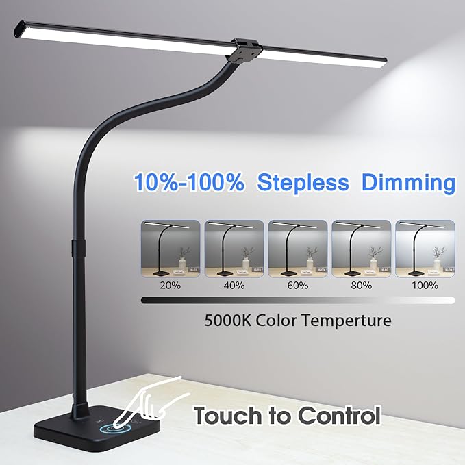 ShineTech LED Desk Lamp for Home Office, 24W Double Head Desk Light with Wireless Charging, USB Port, Adjustable Gooseneck Lamps, 5000K Daylight White