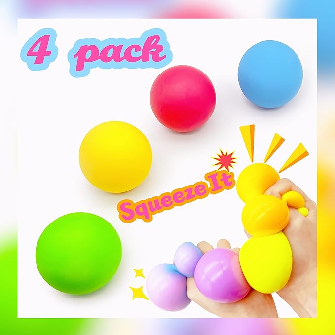 Squishy Stress Balls for Kids (4 Pack) Sensory Squeeze Ball Fidget Toys, Color Changing Dough Balls, Stress Relief Squish Balls, Colorful Stretch Ball Sensory Toys for Autism, Autistic Children