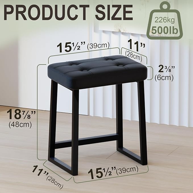 Vanity Stool Chair, Makeup Stool for Vanity,Small Ottoman Footrest for Bathroom, Bedroom, Living Room, Entryway, Offices,Leather &Metal Legs with Anti-Slip Feet, Black