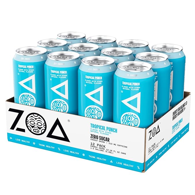 ZOA Zero Sugar Energy Drinks, Tropical Punch - Sugar Free with Electrolytes, Healthy Vitamin C, Amino Acids, Essential B-Vitamins, and Caffeine from Green Tea - 16 Fl Oz (12-Pack)