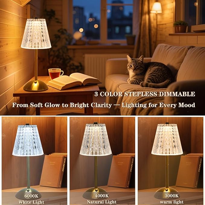 2 Pack Crystal Table Lamp, 5000mAh Rechargeable Battery Lamp with Touch Control, 3 Color Temperatures, Dimmable Brightness, Matte Aluminum Light for Bedroom/Bar/Kitchen/Outdoor, Home Décor