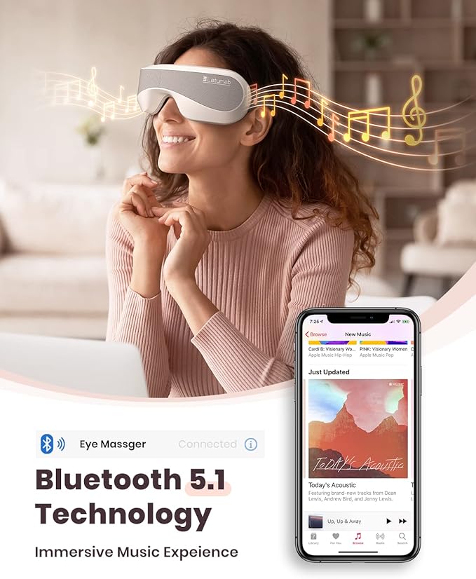 Eye Massager with Heat, Bluetooth Music Heated Massager for Migraines, Relax and Reduce Eye Strain Dark Circles Eye Bags Dry Eye Improve Sleep, Ideal Gifts for Women/Men
