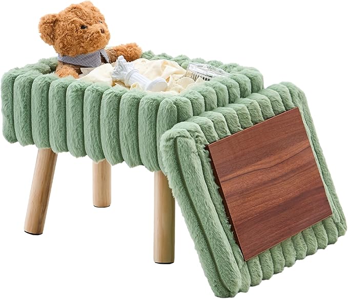 Wimarsbon Storage Ottoman,Soft Faux fur Footstool with Padded Seat, Small Reading Vanity Chair, Footrest with Wood Tray for Couch, Mini Coffee Table or Display Stand (Light Green, Rectangular Storage)