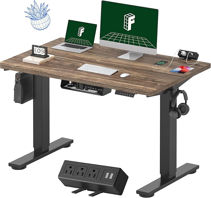 FLEXISPOT EN2 Whole-Piece Standing Desk with Clamp Power Strip, 48 x 30 Electric Stand Up Height Adjustable Desk with Cable Management (Black Frame + 48" Black Walnut Desktop, 2 Packages)