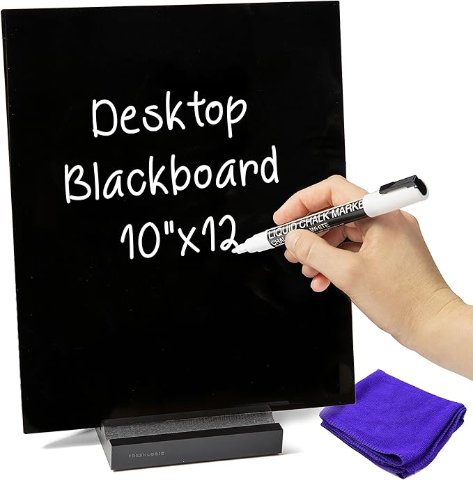 Acrylic Black Dry Erase Board with Stand – 10"x12" Desk Whiteboard for Office, Home or School – Reusable Desk Blackboard with Marker – Portable Chalkboard Easel for Notes, Reminders & to-Do Lists