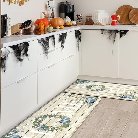 KIMODE Anti Fatigue Pumpkin Kitchen Mat for Floor,Halloween Fall Kitchen Rugs Sets of 2, Autumn Farmhouse Kitchen Rugs Non Slip,Cushioned Kitchen Floor Mat for Floor Sink, Laundry, Office,Home Blue