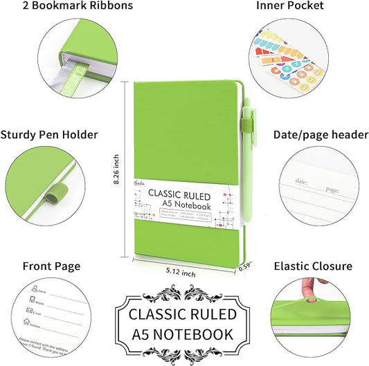 feela 5 Pack Notebooks Journals Bulk, Hardcover Notebook Classic Ruled Lined Journals with Pen Holder for Women Girls School Business Supplies, with 5 Black Pens, 120 GSM, 5.1”x8.3”, A5, Green