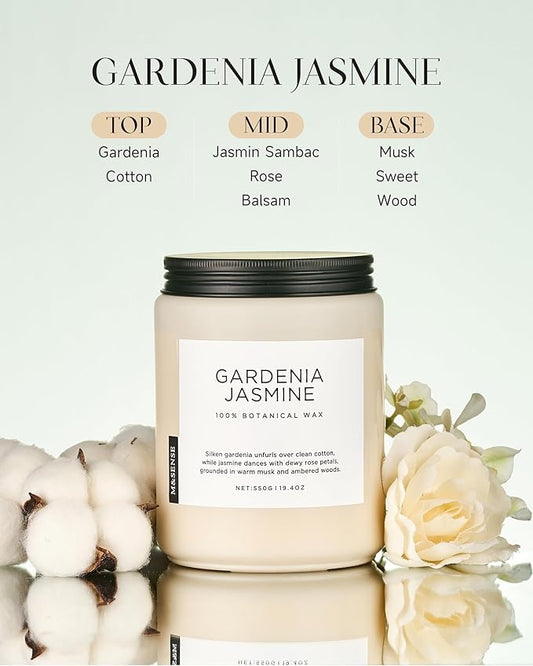 M&SENSE Gardenia Jasmine Scented Candle, 110 Hours Slow Burning Clean Non Toxic 19.4oz 2 Wicks Highly Scented Aromatherapy Candle for Housewarming Gifts, Long Lasting Fragrance for Bath & Office