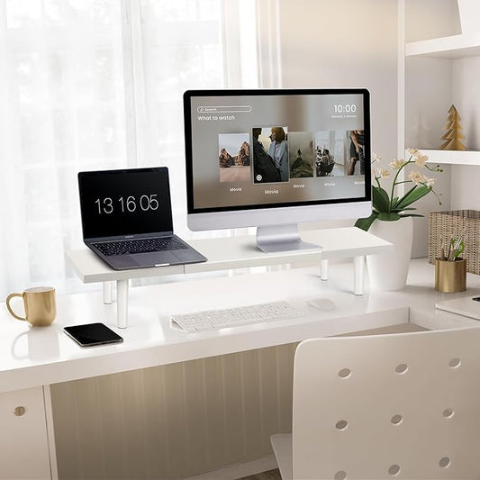Dual-Monitor-Stand-Riser-For-Desk Adjustable Length 32-40 Inch,Large Desktop Computer Monitor Riser For 2 Screens,Desk Shelf Organizer Riser Stand For Computer/Laptop/PC/Printer/TV White