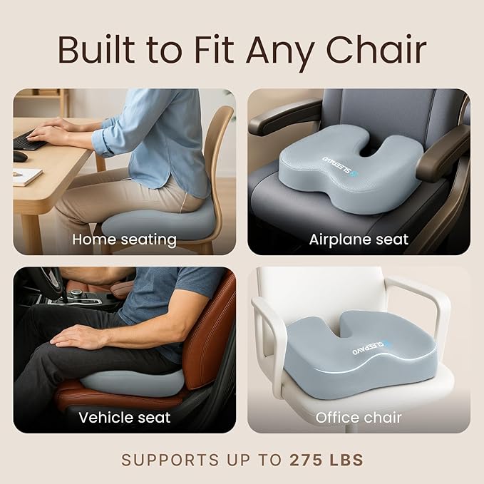 Sleepavo Gray Memory Foam Seat Cushion for Office Chair - Pillow for Sciatica, Coccyx, Back, Tailbone, Lower Back Pain Relief - Orthopedic Chair Pad Lumbar Support in Office Desk, Car, Airplane
