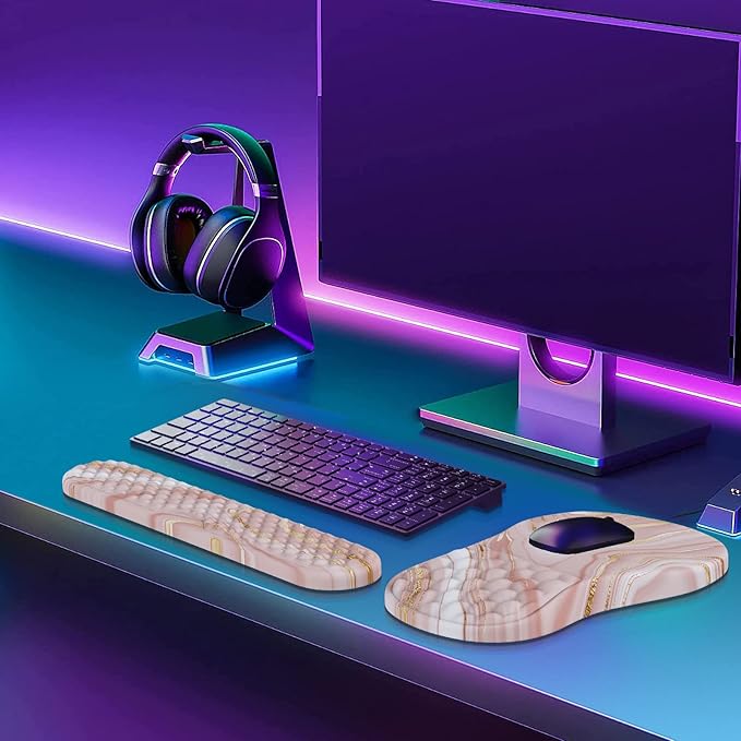 HAOCOO Keyboard Wrist Rest, Ergonomic Mouse Pad with Wrist Rest, 3 in 1 Keyboard and Mouse pad with Coaster Set, Memory Foam Wrist Support, Non-Slip PU Base for Home Office, Rose Gold Pink