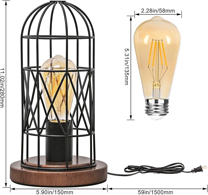 Touch Control Table Lamp, Industrial Bedside Lamp with 3 Way Dimmable Small Nightstand Lamp Vintage Metal Cage Table Lamp for Bedroom, Kitchen