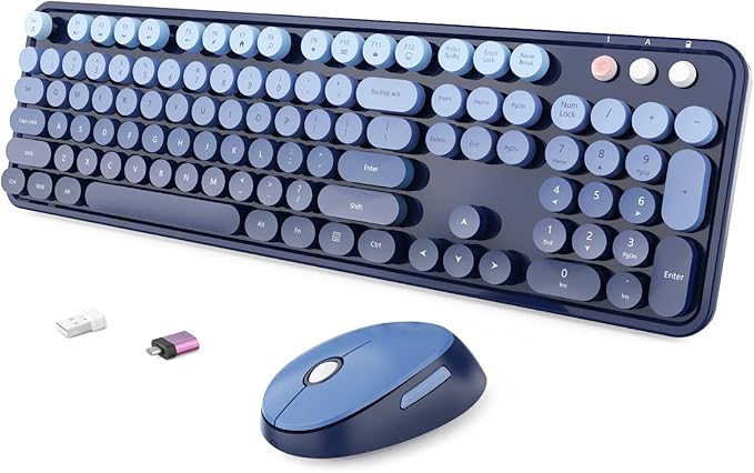 Wireless Keyboard and Mouse Combo, Ergonomic Full Size Typewriter Retro Round Keycaps Keyboard, Compatible with Windows, PC, Perfer for Home and Office Keyboards (Twilight Blue