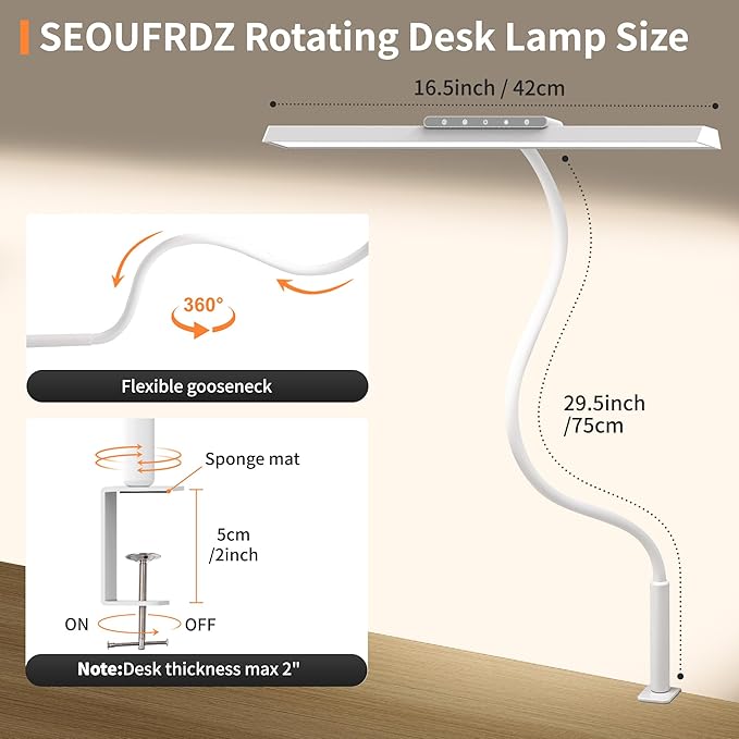 Desk Lamp, 3 Colors Stepless Dimming LED Desk Lamps for Home Office Adjustable Memory Desk Light with Clamp Touch Control Office Lamp Eye Caring Computer Light for Working Sewing(White)