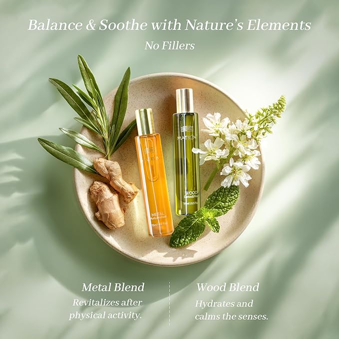 Essential Oil Blend Set – Wood & Metal Element Essential Roller for Balanced Skin & Post-Activity Recovery – Aromatherapy with Peppermint, Tuberose, Squalane – 100% Plant Care for Daily Rituals