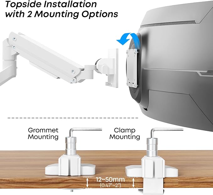 Premium Heavy Duty Monitor Arm for 17 to 49 inch Screens up to 44lbs, Fully Adjustable Ultrawide Single Clamp-on Desk Mount Stand, VESA 75x75/100x100mm (White)