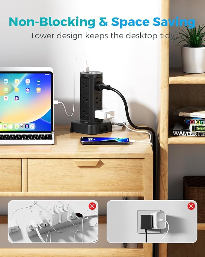 Surge Protector Power Strip Tower, Flat Plug, 6Ft Extension Cord with Multiple Outlets, 12 Outlets 4 USB Ports, Overload Protection for Office Desk Supplies, Dorm Essentials