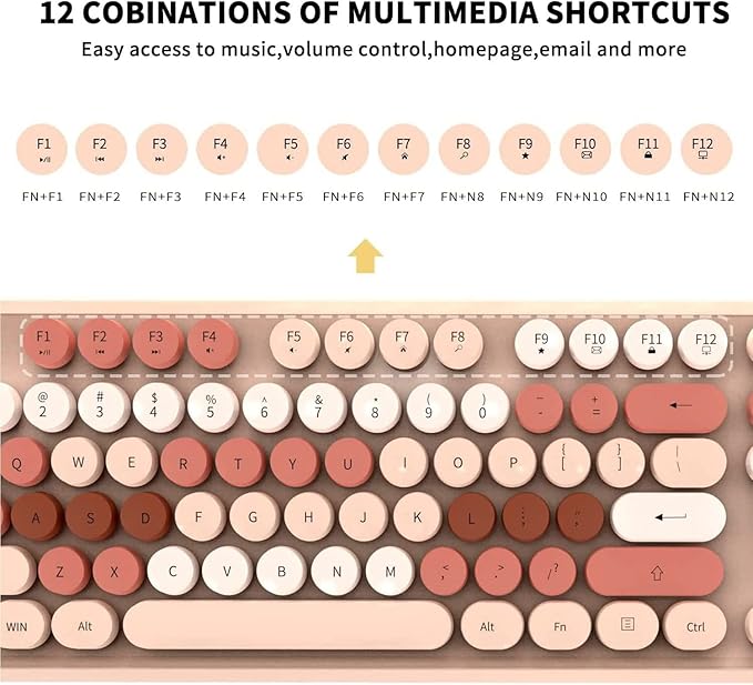 Wireless Keyboard Mouse Combo, 2.4GHz Typewriter Keyboard Wireless with 104 Cute Colorful Retro Round Keys, Letton Full Size Wireless Keyboard Mouse with 3 DPI for Computer PC Laptop-Brown