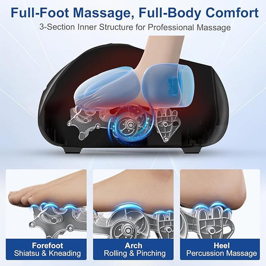 KingPavonini Shiatsu Foot Massager Machine with Heat, 3-Section Massage for Full Feet Deep Kneading & Vibration, Foot Massager for Plantar Fasciitis, UP to Size 13, Gifts for Mom Dad