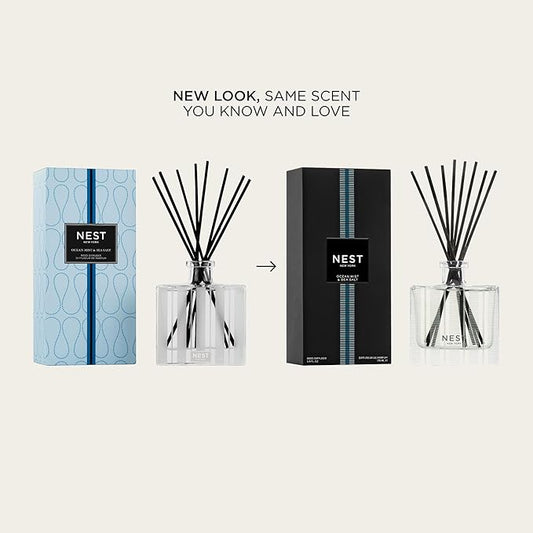 NEST New York Reed Diffuser, Ocean Mist & Sea Salt - 5.9 fl oz - Fragrance for Up to 90 Days - Reusable, Refillable Glass Holder - Includes 8 All-Natural Reed Sticks - Flame Free