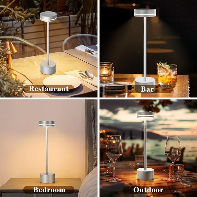 2 Pack Cordless Table Lamp,Bedside Table Lamp for Bedroom,5000mAh Battery Operated Portable LED Desk Lamp,3 Way Dimmable Touch Lamp USB C Charging Ports for Living Room, Desk,Dining Room(Silver)