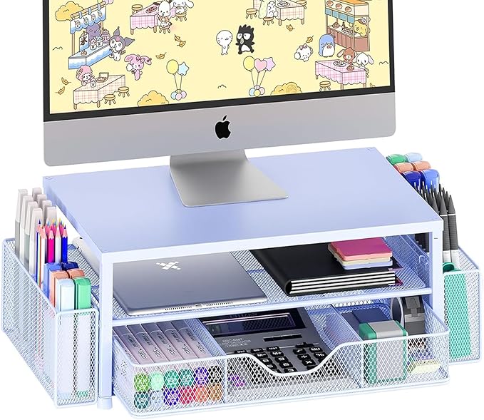 Desk Organizers and Accessories, 2-Tier Computer Monitor Stand Riser with Drawer and 2 Pen Holders, Laptop Stand, Office Desk Accessories for Office Supplies, Blue