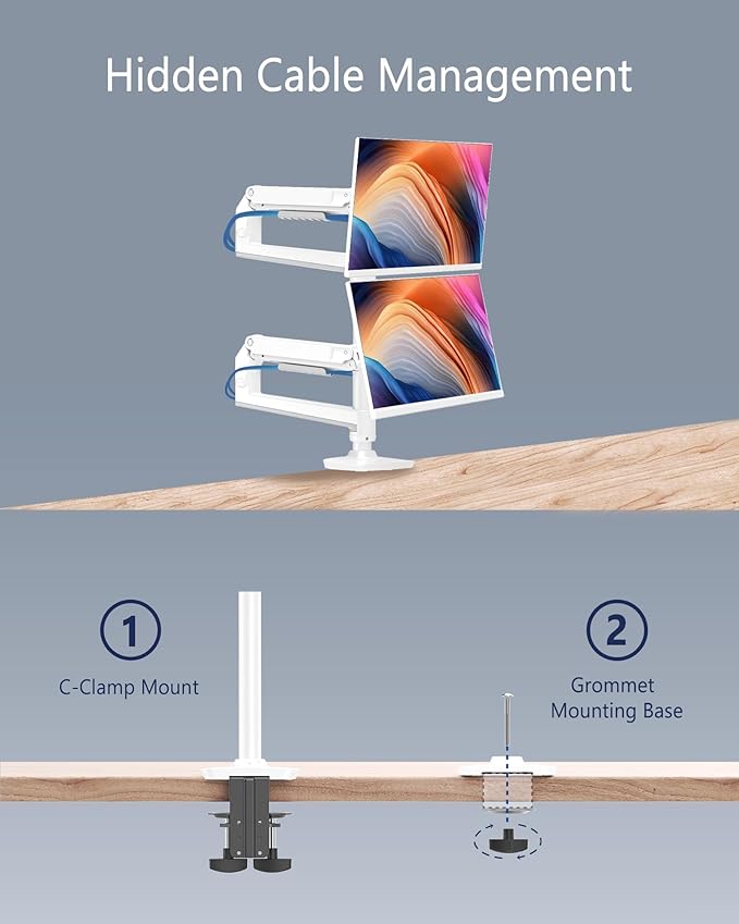 Dual Monitor Mount, Holds Screens up to 40 Inches and 25 lbs, Fully Adjustable Dual Monitor Arm with C-Clamp and Grommet Base, Aluminum, White
