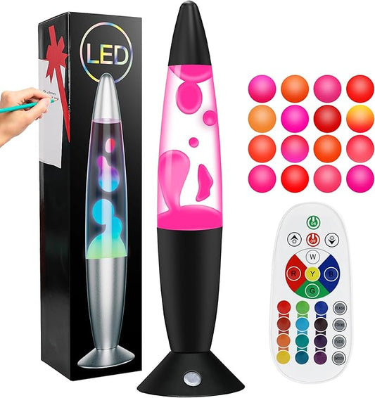 13.5" Liquid Motion Lamp 17 Color Changing Motion Lamp with Remote Clear Liquid and Pink Wax Motion Lamp Relaxing Mood Light for Home Decor Gifts Kids (Black Base)