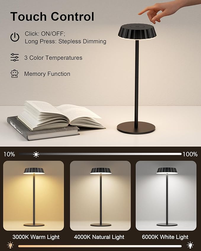 EppieBasic Cordless Table Lamp Rechargeable: 2 Pack Fast Charging Lamp - 5000mAh Battery Operated Portable Metal Table Light for Restaurant Patio Outdoor