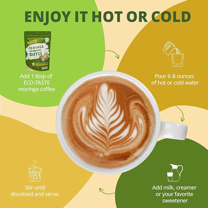 Moringa Mushroom Coffee Infused with Reishi, Moringa & Shiitake - 30% Beta-Glucans, Nutrient-rich and Antioxidants - 6.35oz (180g)