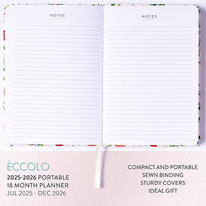 2025-2026 Eccolo 18 Month Bound Planner, Monthly & Weekly Pages (5.25 x 7.75" - July 2025 to Dec 2026 - Watercolor Flowers)