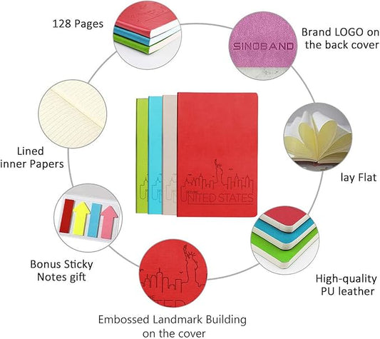 SINOBAND Colorful PU Leather Notebook, Travel Journal Set, Writing Diary Subject Notebooks Journals for Traveler, Kids, Students and Office, Lined Paper, 128 Pages, Pack of 4, Random Colors