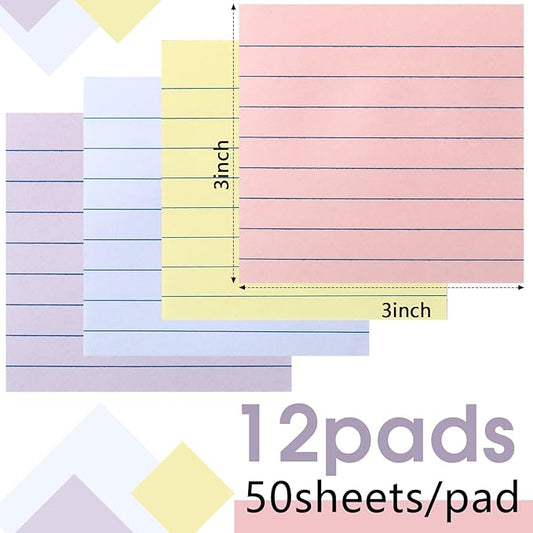 12 Pack Pastel Lined Sticky Notes 3x3 Inch Post Ruled Stickies Super Self Stick Power Memo Pads Multi Colors Notes Pads Vintage Aesthetic School Office Supplies Accessories