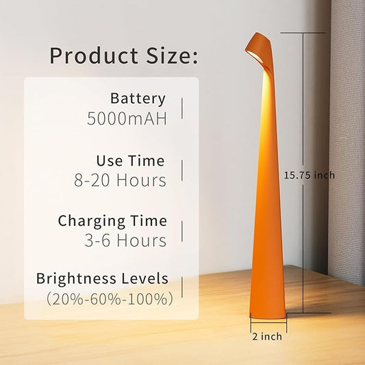 Cordless Portable LED Table Lamp,Built-in Rechargeable Battery-5000mAH,Dimmable Touch Small Desk Reading Lamp with 3-Level Brightness for Bedroom/Living Room/Office (Orange)