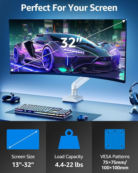 Single Monitor Mount for 22 24 27 32 inch Screen, Gas Spring Arm Holds 4.4-22 lbs, Monitor Desk Mount, Gaming & Home Office Use, VESA 75x75mm & 100x100mm, Freelift Pro White