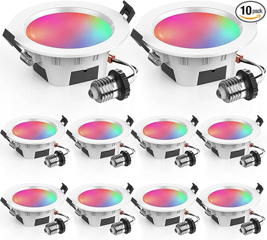 4" Smart Recessed Lighting 10 Pack, Multicolorred, Dimmable, 2700K~6500K, CRI80+, 4 Inch Color Changing Bluetooth Mesh LED Ceiling Light, RGB Canless Retrofit LED Downlight