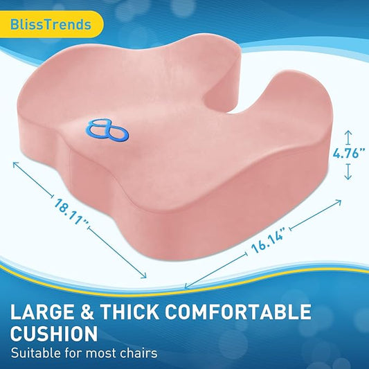 BlissTrends Seat Cushion,Thick Memory Foam Cushions for Office Chair, Car Seat, Airplane, Relieving Pressure Tailbone Sciatica Back Pain for Long Sitting Office Workers, Car Drivers 4.7in Thick Pink