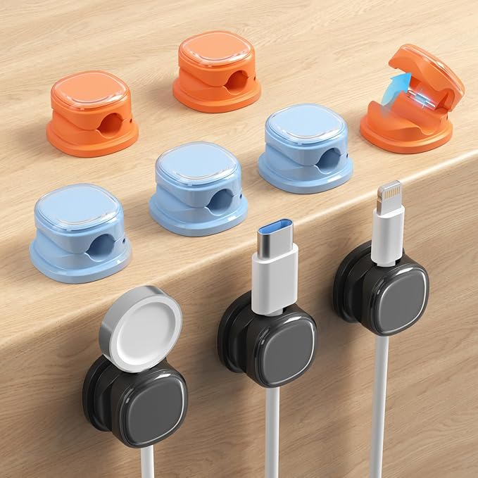 9 Pack Cord Organizer, Spring Cable Management, Adhesive Cute Cable Holder Clips, Phone Charger Wire Keeper for Desk Nightstand Car Office (9-Pack Black_Orange_Blue)