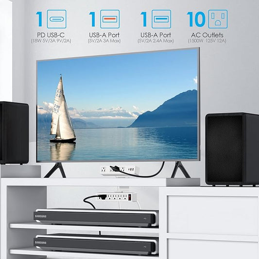 Dual Layer Desk Clamp Power Strip, 20W Desktop Edge Mount Charging Station with 10 Outlets 3 USB Ports, Under Desk Surge Protector, 3 Ft Extension Cord for Office Home