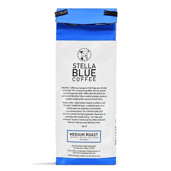 Stella Blue Whole Bean Coffee, Big Cat Blend, Medium Roast, Caramel, Hazelnut and Fruity Notes, 100% Arabica, Ethically Sourced from Central and South America, 12 oz bag